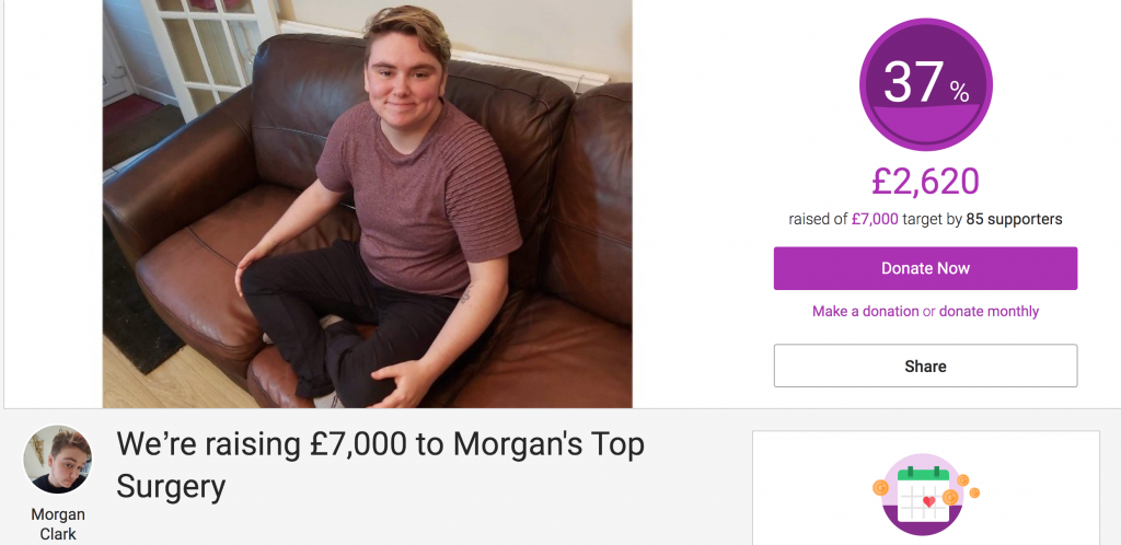 A screenshot of the crowdfunding page. There is a photo of a person (Morgan) sitting and smiling. The text on the rest of the page reads: We're raising £7,000 to Morgan's Top Surgery. They have raised 37% of their goal (£2,620).